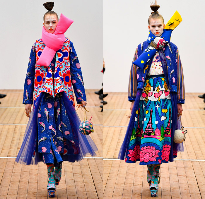 Manish Arora 2018-2019 Fall Autumn Winter Womens Runway Catwalk Looks - Mode à Paris Fashion Week France - Japanese Chinese Emoji Tuzki Pop Art Zen Koi Fish Eiffel Towers Embroidery Bedazzled Sequins Flowers Floral Leaves Clouds Geometric Mix Satin Tulle Tutu Neoprene Fringes Beads Brocade Check Wool Coat Bomber Jacket Sweaterdress Obi Sash Kimono Robe Cape Quilted Puffer Denim Jeans Stonewash Patches Vest Wide Leg Tapered Skirt Dress Gown Scarf Pillow Socks Platform Shoes Nails Sphere Bag