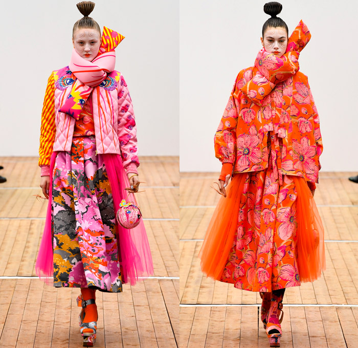 Manish Arora 2018-2019 Fall Autumn Winter Womens Runway Catwalk Looks - Mode à Paris Fashion Week France - Japanese Chinese Emoji Tuzki Pop Art Zen Koi Fish Eiffel Towers Embroidery Bedazzled Sequins Flowers Floral Leaves Clouds Geometric Mix Satin Tulle Tutu Neoprene Fringes Beads Brocade Check Wool Coat Bomber Jacket Sweaterdress Obi Sash Kimono Robe Cape Quilted Puffer Denim Jeans Stonewash Patches Vest Wide Leg Tapered Skirt Dress Gown Scarf Pillow Socks Platform Shoes Nails Sphere Bag