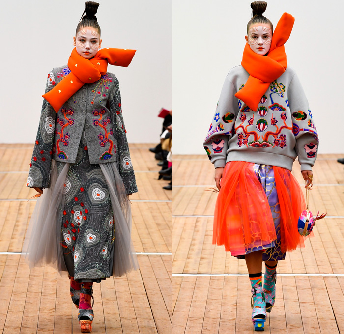 Manish Arora 2018-2019 Fall Autumn Winter Womens Runway Catwalk Looks - Mode à Paris Fashion Week France - Japanese Chinese Emoji Tuzki Pop Art Zen Koi Fish Eiffel Towers Embroidery Bedazzled Sequins Flowers Floral Leaves Clouds Geometric Mix Satin Tulle Tutu Neoprene Fringes Beads Brocade Check Wool Coat Bomber Jacket Sweaterdress Obi Sash Kimono Robe Cape Quilted Puffer Denim Jeans Stonewash Patches Vest Wide Leg Tapered Skirt Dress Gown Scarf Pillow Socks Platform Shoes Nails Sphere Bag