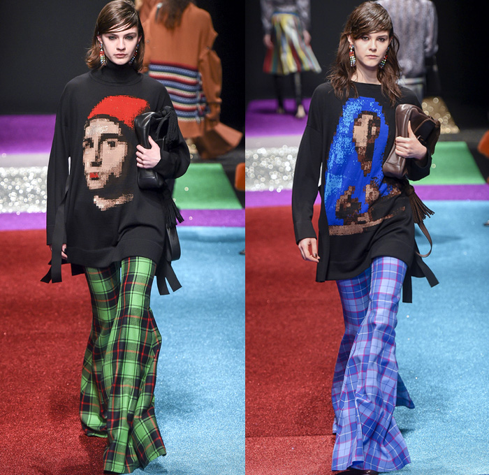 Marco de Vincenzo 2018-2019 Fall Autumn Winter Womens Runway Catwalk Looks - Milano Moda Donna Collezione Milan Fashion Week Italy - Lurex Glitter Rainbow Stripes Technicolor Straps Fringes Tassels Plaid Racing Check Harlequin Pixels Portrait Drawstring Bedazzled Zigzag Sheer Chiffon Ruffles Accordion Pleats Fur Quilted Puffer Down Coat Wrap Shawl Turtleneck Knit Sweater Blouse Oversleeve Soccer Jersey Dress Shirtdress Wide Leg Palazzo Pants Flare Miniskirt Stockings Handbag Boots Heels Beanie