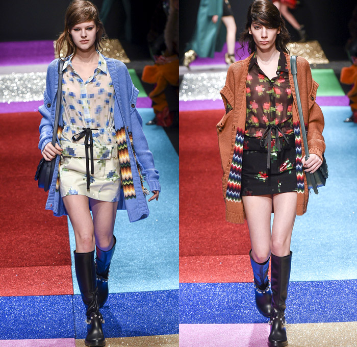 Marco de Vincenzo 2018-2019 Fall Autumn Winter Womens Runway Catwalk Looks - Milano Moda Donna Collezione Milan Fashion Week Italy - Lurex Glitter Rainbow Stripes Technicolor Straps Fringes Tassels Plaid Racing Check Harlequin Pixels Portrait Drawstring Bedazzled Zigzag Sheer Chiffon Ruffles Accordion Pleats Fur Quilted Puffer Down Coat Wrap Shawl Turtleneck Knit Sweater Blouse Oversleeve Soccer Jersey Dress Shirtdress Wide Leg Palazzo Pants Flare Miniskirt Stockings Handbag Boots Heels Beanie