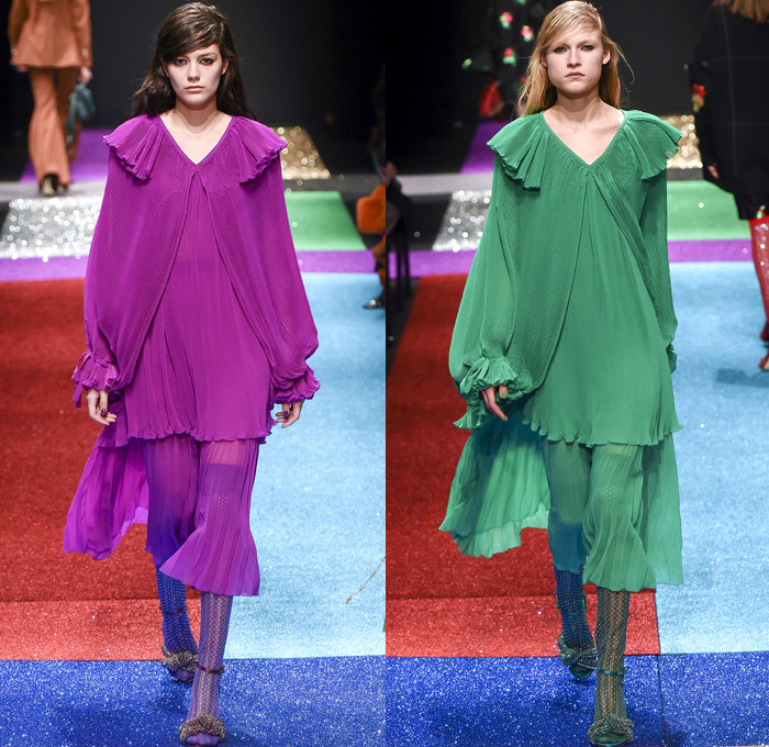 Marco de Vincenzo 2018-2019 Fall Autumn Winter Womens Runway Catwalk Looks - Milano Moda Donna Collezione Milan Fashion Week Italy - Lurex Glitter Rainbow Stripes Technicolor Straps Fringes Tassels Plaid Racing Check Harlequin Pixels Portrait Drawstring Bedazzled Zigzag Sheer Chiffon Ruffles Accordion Pleats Fur Quilted Puffer Down Coat Wrap Shawl Turtleneck Knit Sweater Blouse Oversleeve Soccer Jersey Dress Shirtdress Wide Leg Palazzo Pants Flare Miniskirt Stockings Handbag Boots Heels Beanie