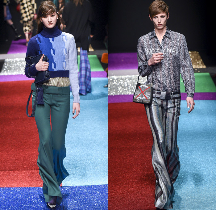 Marco de Vincenzo 2018-2019 Fall Autumn Winter Womens Runway Catwalk Looks - Milano Moda Donna Collezione Milan Fashion Week Italy - Lurex Glitter Rainbow Stripes Technicolor Straps Fringes Tassels Plaid Racing Check Harlequin Pixels Portrait Drawstring Bedazzled Zigzag Sheer Chiffon Ruffles Accordion Pleats Fur Quilted Puffer Down Coat Wrap Shawl Turtleneck Knit Sweater Blouse Oversleeve Soccer Jersey Dress Shirtdress Wide Leg Palazzo Pants Flare Miniskirt Stockings Handbag Boots Heels Beanie