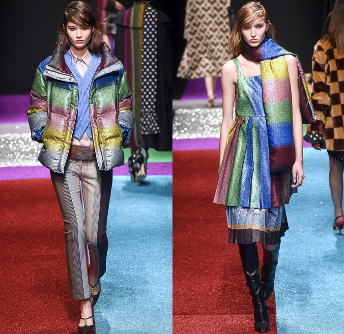 Marco de Vincenzo 2018-2019 Fall Autumn Winter Womens Runway Catwalk Looks - Milano Moda Donna Collezione Milan Fashion Week Italy - Lurex Glitter Rainbow Stripes Technicolor Straps Fringes Tassels Plaid Racing Check Harlequin Pixels Portrait Drawstring Bedazzled Zigzag Sheer Chiffon Ruffles Accordion Pleats Fur Quilted Puffer Down Coat Wrap Shawl Turtleneck Knit Sweater Blouse Oversleeve Soccer Jersey Dress Shirtdress Wide Leg Palazzo Pants Flare Miniskirt Stockings Handbag Boots Heels Beanie