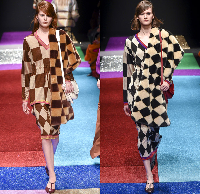 Marco de Vincenzo 2018-2019 Fall Autumn Winter Womens Runway Catwalk Looks - Milano Moda Donna Collezione Milan Fashion Week Italy - Lurex Glitter Rainbow Stripes Technicolor Straps Fringes Tassels Plaid Racing Check Harlequin Pixels Portrait Drawstring Bedazzled Zigzag Sheer Chiffon Ruffles Accordion Pleats Fur Quilted Puffer Down Coat Wrap Shawl Turtleneck Knit Sweater Blouse Oversleeve Soccer Jersey Dress Shirtdress Wide Leg Palazzo Pants Flare Miniskirt Stockings Handbag Boots Heels Beanie