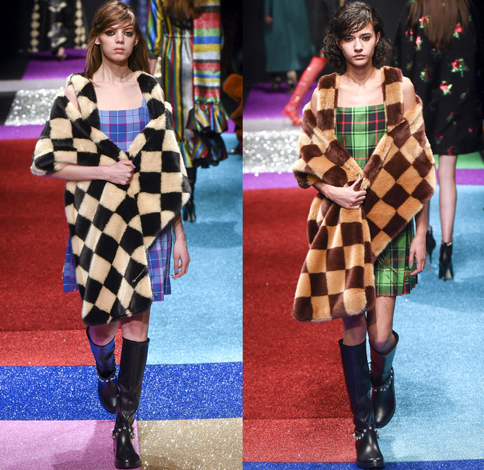 Marco de Vincenzo 2018-2019 Fall Autumn Winter Womens Runway Catwalk Looks - Milano Moda Donna Collezione Milan Fashion Week Italy - Lurex Glitter Rainbow Stripes Technicolor Straps Fringes Tassels Plaid Racing Check Harlequin Pixels Portrait Drawstring Bedazzled Zigzag Sheer Chiffon Ruffles Accordion Pleats Fur Quilted Puffer Down Coat Wrap Shawl Turtleneck Knit Sweater Blouse Oversleeve Soccer Jersey Dress Shirtdress Wide Leg Palazzo Pants Flare Miniskirt Stockings Handbag Boots Heels Beanie