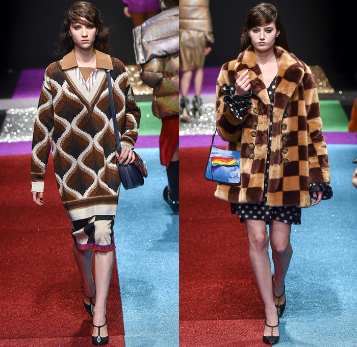 Marco de Vincenzo 2018-2019 Fall Autumn Winter Womens Runway Catwalk Looks - Milano Moda Donna Collezione Milan Fashion Week Italy - Lurex Glitter Rainbow Stripes Technicolor Straps Fringes Tassels Plaid Racing Check Harlequin Pixels Portrait Drawstring Bedazzled Zigzag Sheer Chiffon Ruffles Accordion Pleats Fur Quilted Puffer Down Coat Wrap Shawl Turtleneck Knit Sweater Blouse Oversleeve Soccer Jersey Dress Shirtdress Wide Leg Palazzo Pants Flare Miniskirt Stockings Handbag Boots Heels Beanie