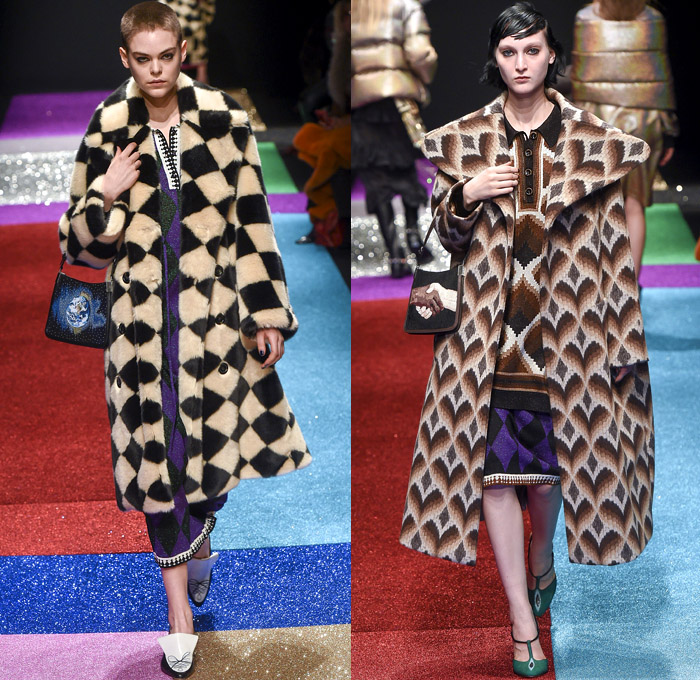 Marco de Vincenzo 2018-2019 Fall Autumn Winter Womens Runway Catwalk Looks - Milano Moda Donna Collezione Milan Fashion Week Italy - Lurex Glitter Rainbow Stripes Technicolor Straps Fringes Tassels Plaid Racing Check Harlequin Pixels Portrait Drawstring Bedazzled Zigzag Sheer Chiffon Ruffles Accordion Pleats Fur Quilted Puffer Down Coat Wrap Shawl Turtleneck Knit Sweater Blouse Oversleeve Soccer Jersey Dress Shirtdress Wide Leg Palazzo Pants Flare Miniskirt Stockings Handbag Boots Heels Beanie