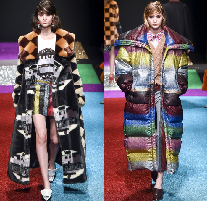 Marco de Vincenzo 2018-2019 Fall Autumn Winter Womens Runway Catwalk Looks - Milano Moda Donna Collezione Milan Fashion Week Italy - Lurex Glitter Rainbow Stripes Technicolor Straps Fringes Tassels Plaid Racing Check Harlequin Pixels Portrait Drawstring Bedazzled Zigzag Sheer Chiffon Ruffles Accordion Pleats Fur Quilted Puffer Down Coat Wrap Shawl Turtleneck Knit Sweater Blouse Oversleeve Soccer Jersey Dress Shirtdress Wide Leg Palazzo Pants Flare Miniskirt Stockings Handbag Boots Heels Beanie