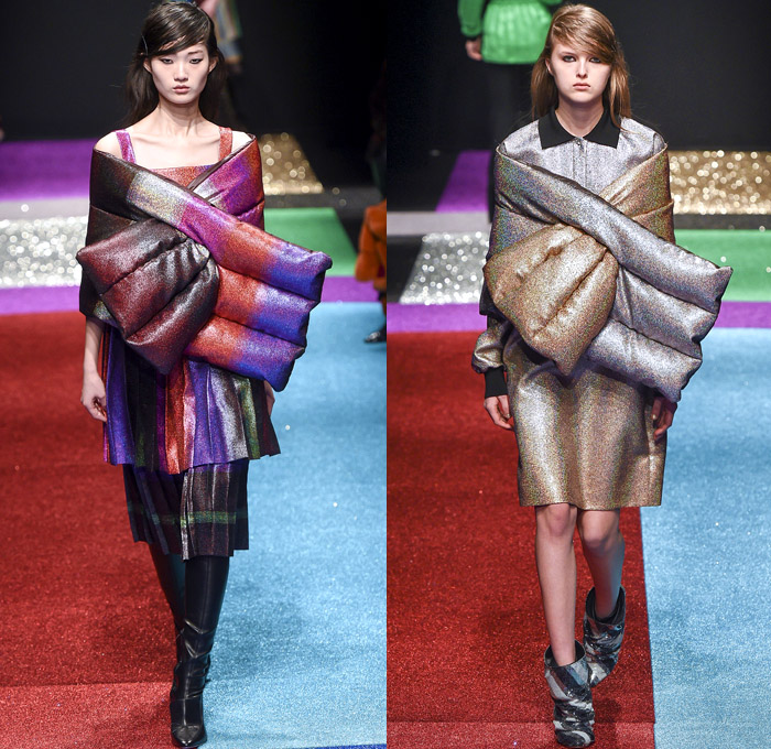 Marco de Vincenzo 2018-2019 Fall Autumn Winter Womens Runway Catwalk Looks - Milano Moda Donna Collezione Milan Fashion Week Italy - Lurex Glitter Rainbow Stripes Technicolor Straps Fringes Tassels Plaid Racing Check Harlequin Pixels Portrait Drawstring Bedazzled Zigzag Sheer Chiffon Ruffles Accordion Pleats Fur Quilted Puffer Down Coat Wrap Shawl Turtleneck Knit Sweater Blouse Oversleeve Soccer Jersey Dress Shirtdress Wide Leg Palazzo Pants Flare Miniskirt Stockings Handbag Boots Heels Beanie