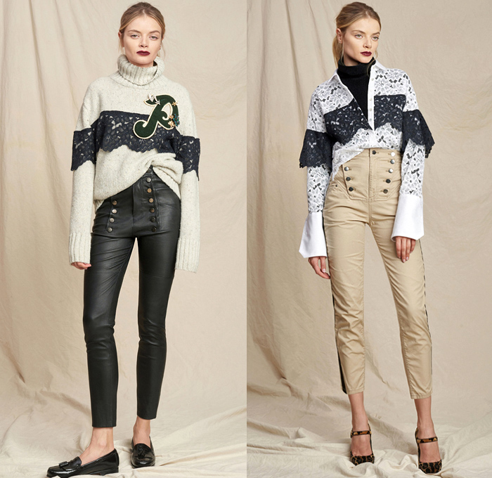 Marissa Webb 2018-2019 Fall Autumn Winter Womens Lookbook Presentation - New York Fashion Week NYFW - Denim Jeans Jumpsuit Coveralls Fur Trench Coat Bomber Jacket One Shoulder Turtleneck Knit Sweater Blouse Shirt Bell Sleeves Poufy Shoulders Shirtdress Nautical Sailor Pants Leopard Tweed Strapless Stripes Lace Tassels Fringes Plaid Picnic Check Velvet Ruffles Flowers Floral Dress Miniskirt Wide Leg Palazzo Pants Culottes Tights Stockings Athletic Socks Gloves Scarf Loafers Handbag Brooch