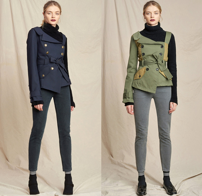 Marissa Webb 2018-2019 Fall Autumn Winter Womens Lookbook Presentation - New York Fashion Week NYFW - Denim Jeans Jumpsuit Coveralls Fur Trench Coat Bomber Jacket One Shoulder Turtleneck Knit Sweater Blouse Shirt Bell Sleeves Poufy Shoulders Shirtdress Nautical Sailor Pants Leopard Tweed Strapless Stripes Lace Tassels Fringes Plaid Picnic Check Velvet Ruffles Flowers Floral Dress Miniskirt Wide Leg Palazzo Pants Culottes Tights Stockings Athletic Socks Gloves Scarf Loafers Handbag Brooch