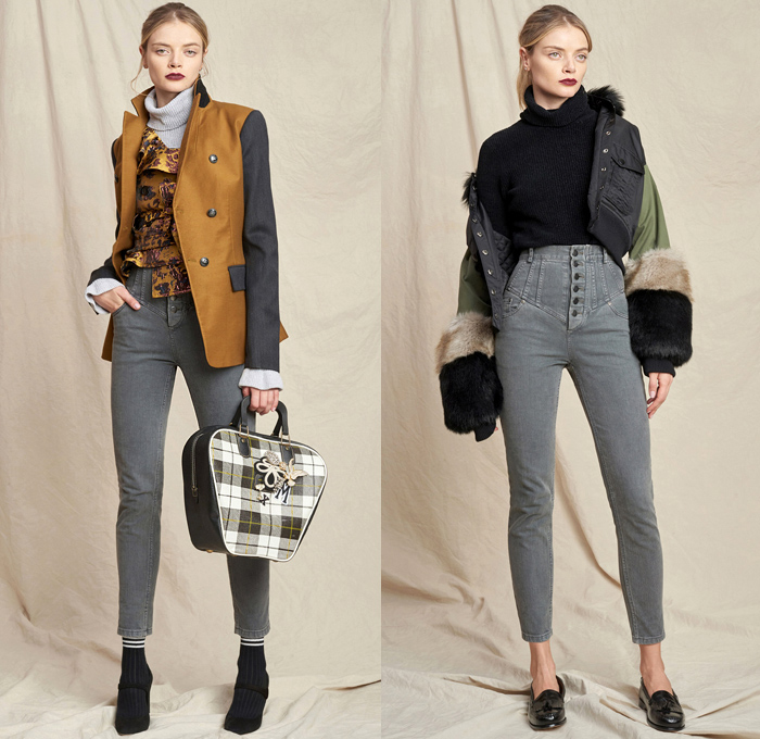 Marissa Webb 2018-2019 Fall Autumn Winter Womens Lookbook Presentation - New York Fashion Week NYFW - Denim Jeans Jumpsuit Coveralls Fur Trench Coat Bomber Jacket One Shoulder Turtleneck Knit Sweater Blouse Shirt Bell Sleeves Poufy Shoulders Shirtdress Nautical Sailor Pants Leopard Tweed Strapless Stripes Lace Tassels Fringes Plaid Picnic Check Velvet Ruffles Flowers Floral Dress Miniskirt Wide Leg Palazzo Pants Culottes Tights Stockings Athletic Socks Gloves Scarf Loafers Handbag Brooch