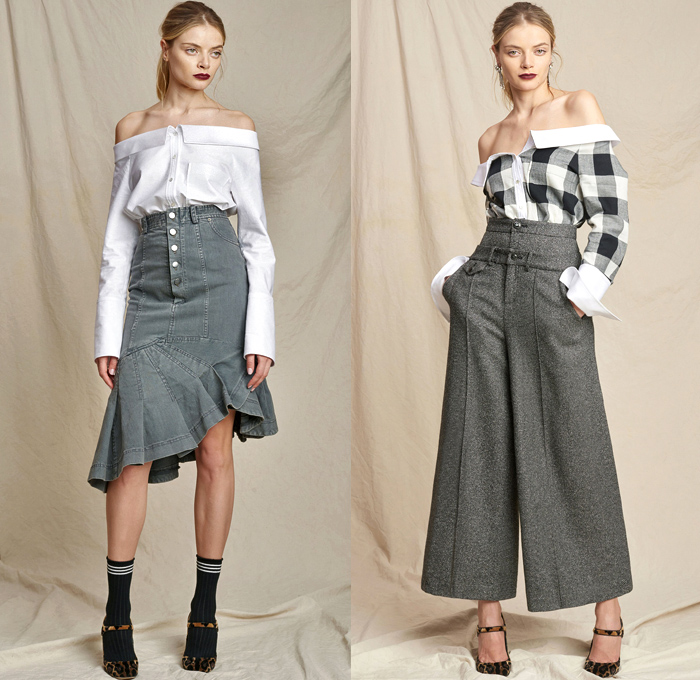 Marissa Webb 2018-2019 Fall Autumn Winter Womens Lookbook Presentation - New York Fashion Week NYFW - Denim Jeans Jumpsuit Coveralls Fur Trench Coat Bomber Jacket One Shoulder Turtleneck Knit Sweater Blouse Shirt Bell Sleeves Poufy Shoulders Shirtdress Nautical Sailor Pants Leopard Tweed Strapless Stripes Lace Tassels Fringes Plaid Picnic Check Velvet Ruffles Flowers Floral Dress Miniskirt Wide Leg Palazzo Pants Culottes Tights Stockings Athletic Socks Gloves Scarf Loafers Handbag Brooch