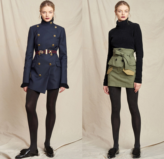 Marissa Webb 2018-2019 Fall Autumn Winter Womens Lookbook Presentation - New York Fashion Week NYFW - Denim Jeans Jumpsuit Coveralls Fur Trench Coat Bomber Jacket One Shoulder Turtleneck Knit Sweater Blouse Shirt Bell Sleeves Poufy Shoulders Shirtdress Nautical Sailor Pants Leopard Tweed Strapless Stripes Lace Tassels Fringes Plaid Picnic Check Velvet Ruffles Flowers Floral Dress Miniskirt Wide Leg Palazzo Pants Culottes Tights Stockings Athletic Socks Gloves Scarf Loafers Handbag Brooch