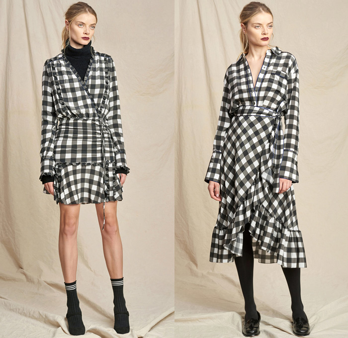 Marissa Webb 2018-2019 Fall Autumn Winter Womens Lookbook Presentation - New York Fashion Week NYFW - Denim Jeans Jumpsuit Coveralls Fur Trench Coat Bomber Jacket One Shoulder Turtleneck Knit Sweater Blouse Shirt Bell Sleeves Poufy Shoulders Shirtdress Nautical Sailor Pants Leopard Tweed Strapless Stripes Lace Tassels Fringes Plaid Picnic Check Velvet Ruffles Flowers Floral Dress Miniskirt Wide Leg Palazzo Pants Culottes Tights Stockings Athletic Socks Gloves Scarf Loafers Handbag Brooch