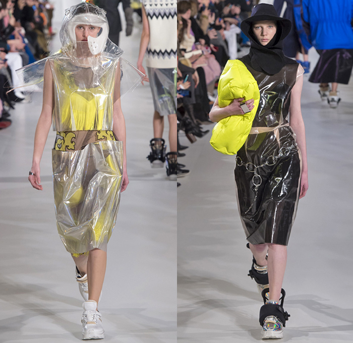 Maison Margiela 2018-2019 Fall Autumn Winter Womens Runway Catwalk Looks - Mode à Paris Fashion Week France - Post-Apocalyptic Techno Hi-Tech Fabrics Reflective Metallic Foil Layers Hazard Rainwear Plastic Hoodie Sheer Chiffon Mesh Fishnet Fringes Feathers Straps Hybrid Combo Plaid Check Wireframe Lace Ruffles Outerwear Coat Parka Jacket Knit Sweater Turtleneck Jumpsuit Coveralls Accordion Pleats Dress Skirt Stockings Handbag Quilted Tote Headwear Cap Gas Bee Mask  Snowboard Trainers Boots