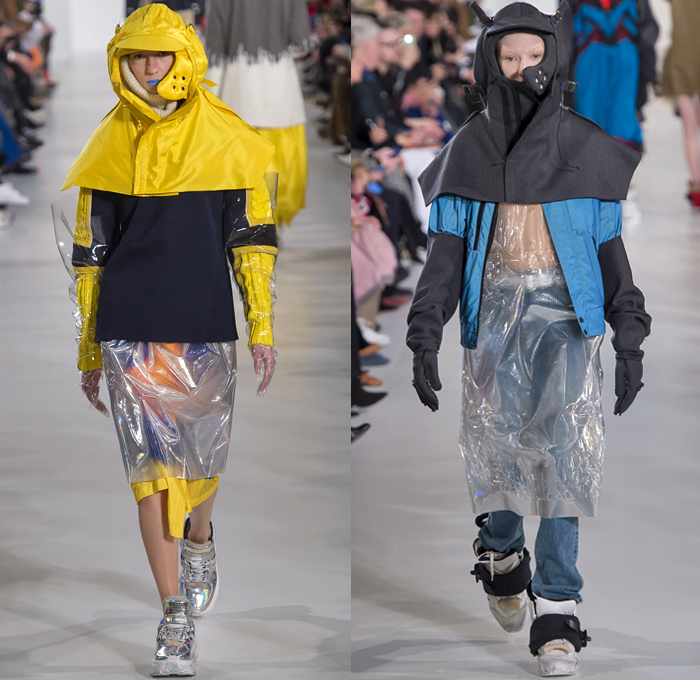 Maison Margiela 2018-2019 Fall Autumn Winter Womens Runway Catwalk Looks - Mode à Paris Fashion Week France - Post-Apocalyptic Techno Hi-Tech Fabrics Reflective Metallic Foil Layers Hazard Rainwear Plastic Hoodie Sheer Chiffon Mesh Fishnet Fringes Feathers Straps Hybrid Combo Plaid Check Wireframe Lace Ruffles Outerwear Coat Parka Jacket Knit Sweater Turtleneck Jumpsuit Coveralls Accordion Pleats Dress Skirt Stockings Handbag Quilted Tote Headwear Cap Gas Bee Mask  Snowboard Trainers Boots