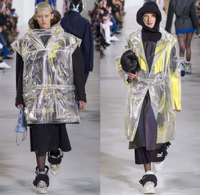 Maison Margiela 2018-2019 Fall Autumn Winter Womens Runway Catwalk Looks - Mode à Paris Fashion Week France - Post-Apocalyptic Techno Hi-Tech Fabrics Reflective Metallic Foil Layers Hazard Rainwear Plastic Hoodie Sheer Chiffon Mesh Fishnet Fringes Feathers Straps Hybrid Combo Plaid Check Wireframe Lace Ruffles Outerwear Coat Parka Jacket Knit Sweater Turtleneck Jumpsuit Coveralls Accordion Pleats Dress Skirt Stockings Handbag Quilted Tote Headwear Cap Gas Bee Mask  Snowboard Trainers Boots