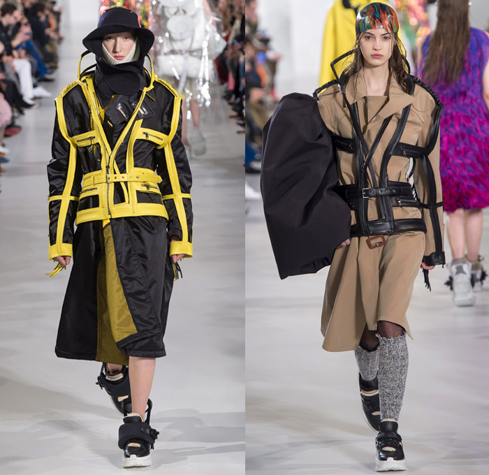 Maison Margiela 2018-2019 Fall Autumn Winter Womens Runway Catwalk Looks - Mode à Paris Fashion Week France - Post-Apocalyptic Techno Hi-Tech Fabrics Reflective Metallic Foil Layers Hazard Rainwear Plastic Hoodie Sheer Chiffon Mesh Fishnet Fringes Feathers Straps Hybrid Combo Plaid Check Wireframe Lace Ruffles Outerwear Coat Parka Jacket Knit Sweater Turtleneck Jumpsuit Coveralls Accordion Pleats Dress Skirt Stockings Handbag Quilted Tote Headwear Cap Gas Bee Mask  Snowboard Trainers Boots