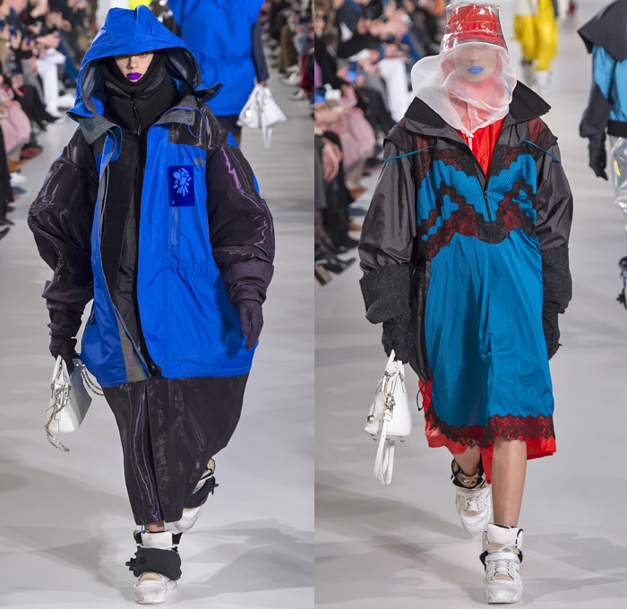 Maison Margiela 2018-2019 Fall Autumn Winter Womens Runway Catwalk Looks - Mode à Paris Fashion Week France - Post-Apocalyptic Techno Hi-Tech Fabrics Reflective Metallic Foil Layers Hazard Rainwear Plastic Hoodie Sheer Chiffon Mesh Fishnet Fringes Feathers Straps Hybrid Combo Plaid Check Wireframe Lace Ruffles Outerwear Coat Parka Jacket Knit Sweater Turtleneck Jumpsuit Coveralls Accordion Pleats Dress Skirt Stockings Handbag Quilted Tote Headwear Cap Gas Bee Mask  Snowboard Trainers Boots