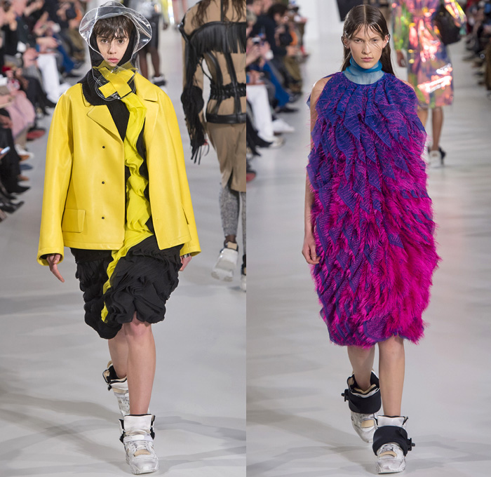 Maison Margiela 2018-2019 Fall Autumn Winter Womens Runway Catwalk Looks - Mode à Paris Fashion Week France - Post-Apocalyptic Techno Hi-Tech Fabrics Reflective Metallic Foil Layers Hazard Rainwear Plastic Hoodie Sheer Chiffon Mesh Fishnet Fringes Feathers Straps Hybrid Combo Plaid Check Wireframe Lace Ruffles Outerwear Coat Parka Jacket Knit Sweater Turtleneck Jumpsuit Coveralls Accordion Pleats Dress Skirt Stockings Handbag Quilted Tote Headwear Cap Gas Bee Mask  Snowboard Trainers Boots