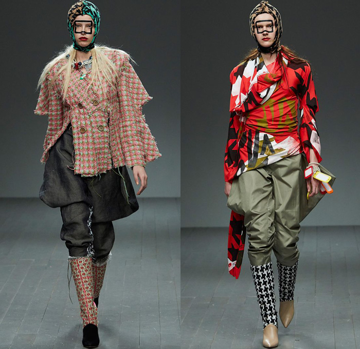 Matty Bovan 2018-2019 Fall Autumn Winter Womens Runway Catwalk Looks - London Fashion Week Collections UK - Denim Jeans Acid Wash Tie-Dye Chunky Tweed Knit Crochet Weave Bouclé Draped Houndstooth Fringes Fur Embroidery Adornments Decorated Bedazzled Pearls Crystals Studs Flowers Floral Sheer Tulle Mesh Fishnet Coat Robe Jacket Sweater One Shoulder Pointed Strapless Wrap Dress Tutu Skirt Jodhpurs Riding Equestrian Pants Gown Eveningwear Swim Cap Headwear Baggage Tags Handbag Masks Balloons