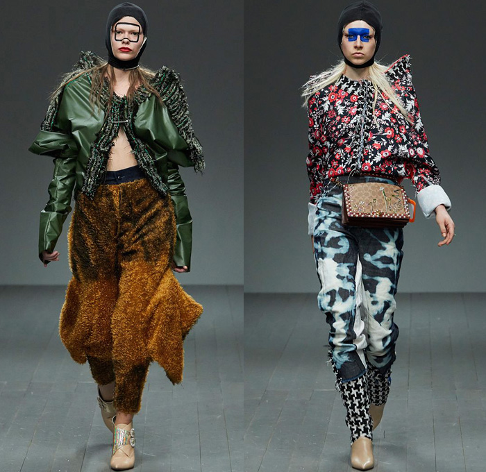 Matty Bovan 2018-2019 Fall Autumn Winter Womens Runway Catwalk Looks - London Fashion Week Collections UK - Denim Jeans Acid Wash Tie-Dye Chunky Tweed Knit Crochet Weave Bouclé Draped Houndstooth Fringes Fur Embroidery Adornments Decorated Bedazzled Pearls Crystals Studs Flowers Floral Sheer Tulle Mesh Fishnet Coat Robe Jacket Sweater One Shoulder Pointed Strapless Wrap Dress Tutu Skirt Jodhpurs Riding Equestrian Pants Gown Eveningwear Swim Cap Headwear Baggage Tags Handbag Masks Balloons