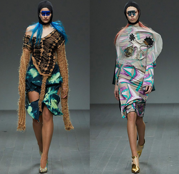 Matty Bovan 2018-2019 Fall Autumn Winter Womens Runway Catwalk Looks - London Fashion Week Collections UK - Denim Jeans Acid Wash Tie-Dye Chunky Tweed Knit Crochet Weave Bouclé Draped Houndstooth Fringes Fur Embroidery Adornments Decorated Bedazzled Pearls Crystals Studs Flowers Floral Sheer Tulle Mesh Fishnet Coat Robe Jacket Sweater One Shoulder Pointed Strapless Wrap Dress Tutu Skirt Jodhpurs Riding Equestrian Pants Gown Eveningwear Swim Cap Headwear Baggage Tags Handbag Masks Balloons