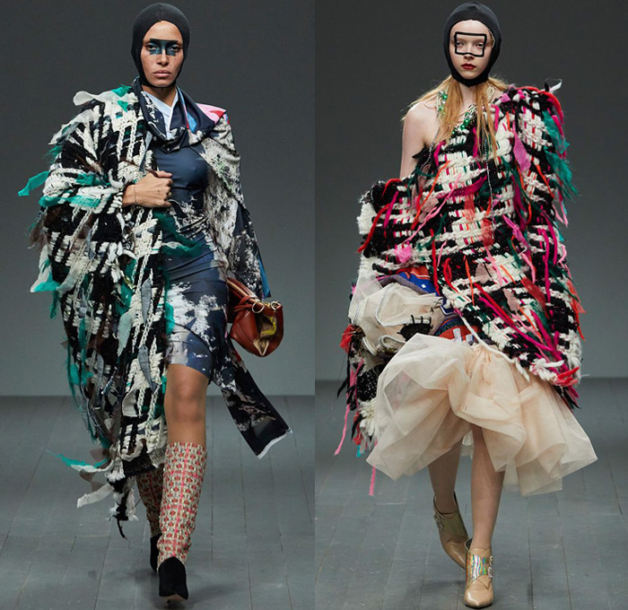 Matty Bovan 2018-2019 Fall Autumn Winter Womens Runway Catwalk Looks - London Fashion Week Collections UK - Denim Jeans Acid Wash Tie-Dye Chunky Tweed Knit Crochet Weave Bouclé Draped Houndstooth Fringes Fur Embroidery Adornments Decorated Bedazzled Pearls Crystals Studs Flowers Floral Sheer Tulle Mesh Fishnet Coat Robe Jacket Sweater One Shoulder Pointed Strapless Wrap Dress Tutu Skirt Jodhpurs Riding Equestrian Pants Gown Eveningwear Swim Cap Headwear Baggage Tags Handbag Masks Balloons