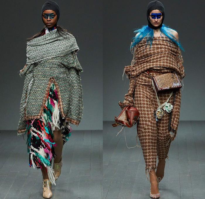 Matty Bovan 2018-2019 Fall Autumn Winter Womens Runway Catwalk Looks - London Fashion Week Collections UK - Denim Jeans Acid Wash Tie-Dye Chunky Tweed Knit Crochet Weave Bouclé Draped Houndstooth Fringes Fur Embroidery Adornments Decorated Bedazzled Pearls Crystals Studs Flowers Floral Sheer Tulle Mesh Fishnet Coat Robe Jacket Sweater One Shoulder Pointed Strapless Wrap Dress Tutu Skirt Jodhpurs Riding Equestrian Pants Gown Eveningwear Swim Cap Headwear Baggage Tags Handbag Masks Balloons