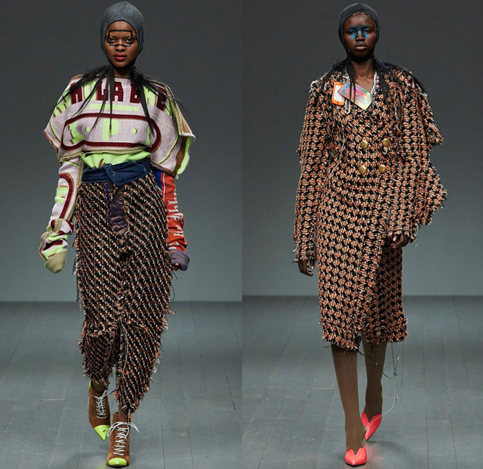 Matty Bovan 2018-2019 Fall Autumn Winter Womens Runway Catwalk Looks - London Fashion Week Collections UK - Denim Jeans Acid Wash Tie-Dye Chunky Tweed Knit Crochet Weave Bouclé Draped Houndstooth Fringes Fur Embroidery Adornments Decorated Bedazzled Pearls Crystals Studs Flowers Floral Sheer Tulle Mesh Fishnet Coat Robe Jacket Sweater One Shoulder Pointed Strapless Wrap Dress Tutu Skirt Jodhpurs Riding Equestrian Pants Gown Eveningwear Swim Cap Headwear Baggage Tags Handbag Masks Balloons