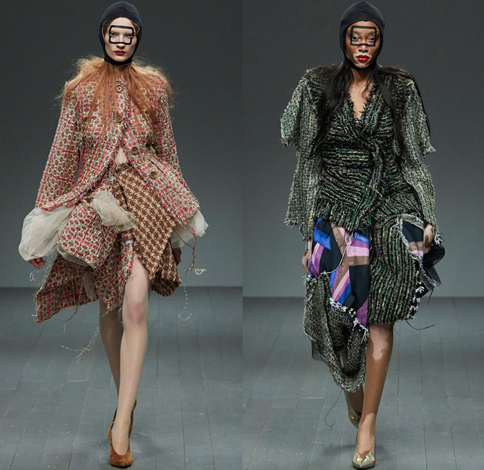 Matty Bovan 2018-2019 Fall Autumn Winter Womens Runway Catwalk Looks - London Fashion Week Collections UK - Denim Jeans Acid Wash Tie-Dye Chunky Tweed Knit Crochet Weave Bouclé Draped Houndstooth Fringes Fur Embroidery Adornments Decorated Bedazzled Pearls Crystals Studs Flowers Floral Sheer Tulle Mesh Fishnet Coat Robe Jacket Sweater One Shoulder Pointed Strapless Wrap Dress Tutu Skirt Jodhpurs Riding Equestrian Pants Gown Eveningwear Swim Cap Headwear Baggage Tags Handbag Masks Balloons