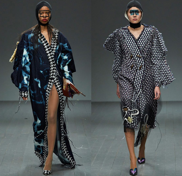 Matty Bovan 2018-2019 Fall Autumn Winter Womens Runway Catwalk Looks - London Fashion Week Collections UK - Denim Jeans Acid Wash Tie-Dye Chunky Tweed Knit Crochet Weave Bouclé Draped Houndstooth Fringes Fur Embroidery Adornments Decorated Bedazzled Pearls Crystals Studs Flowers Floral Sheer Tulle Mesh Fishnet Coat Robe Jacket Sweater One Shoulder Pointed Strapless Wrap Dress Tutu Skirt Jodhpurs Riding Equestrian Pants Gown Eveningwear Swim Cap Headwear Baggage Tags Handbag Masks Balloons