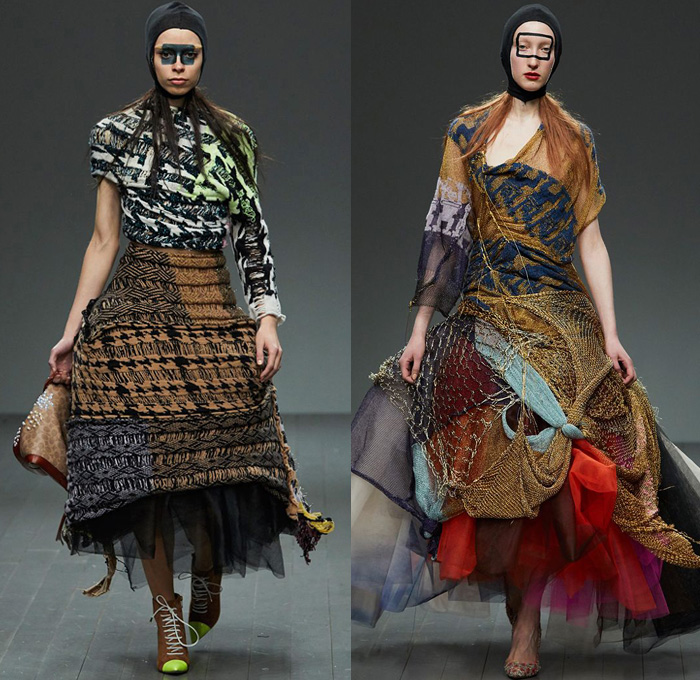 Matty Bovan 2018-2019 Fall Autumn Winter Womens Runway Catwalk Looks - London Fashion Week Collections UK - Denim Jeans Acid Wash Tie-Dye Chunky Tweed Knit Crochet Weave Bouclé Draped Houndstooth Fringes Fur Embroidery Adornments Decorated Bedazzled Pearls Crystals Studs Flowers Floral Sheer Tulle Mesh Fishnet Coat Robe Jacket Sweater One Shoulder Pointed Strapless Wrap Dress Tutu Skirt Jodhpurs Riding Equestrian Pants Gown Eveningwear Swim Cap Headwear Baggage Tags Handbag Masks Balloons