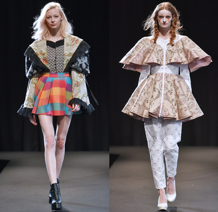 MEMUSE 2018-2019 Fall Winter Womens Runway Catwalk Looks - Amazon Fashion Week Tokyo Japan AmazonFWT - Capelet Coat Brocade Jacquard Plaid Tartan Check Ruffles Lace Ornaments Decorative Art PVC Vinyl Pleather Holes Mohair Baseball Knit Embroidery Bedazzled Jewels Pearls Flowers Floral Corduroy Long Sleeve Blouse Shirt Tunic Wide Sleeves Sailor Collar Shirtdress Dress Miniskirt Quilted Waffle Puffer Angular Hem Tiered Layers Tights Stockings Furry Soles Loops Head Scarf Oxfords Necktie