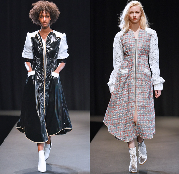 MEMUSE 2018-2019 Fall Winter Womens Runway Catwalk Looks - Amazon Fashion Week Tokyo Japan AmazonFWT - Capelet Coat Brocade Jacquard Plaid Tartan Check Ruffles Lace Ornaments Decorative Art PVC Vinyl Pleather Holes Mohair Baseball Knit Embroidery Bedazzled Jewels Pearls Flowers Floral Corduroy Long Sleeve Blouse Shirt Tunic Wide Sleeves Sailor Collar Shirtdress Dress Miniskirt Quilted Waffle Puffer Angular Hem Tiered Layers Tights Stockings Furry Soles Loops Head Scarf Oxfords Necktie