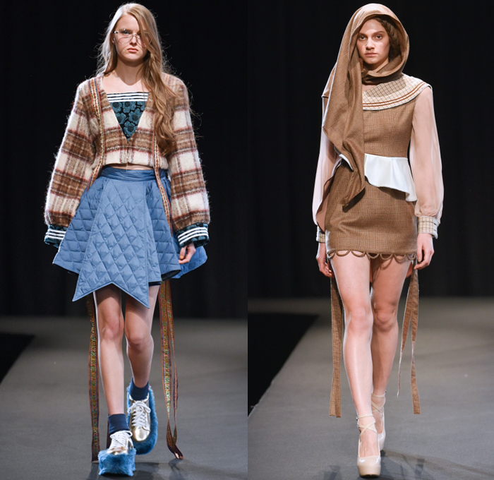 MEMUSE 2018-2019 Fall Winter Womens Runway Catwalk Looks - Amazon Fashion Week Tokyo Japan AmazonFWT - Capelet Coat Brocade Jacquard Plaid Tartan Check Ruffles Lace Ornaments Decorative Art PVC Vinyl Pleather Holes Mohair Baseball Knit Embroidery Bedazzled Jewels Pearls Flowers Floral Corduroy Long Sleeve Blouse Shirt Tunic Wide Sleeves Sailor Collar Shirtdress Dress Miniskirt Quilted Waffle Puffer Angular Hem Tiered Layers Tights Stockings Furry Soles Loops Head Scarf Oxfords Necktie