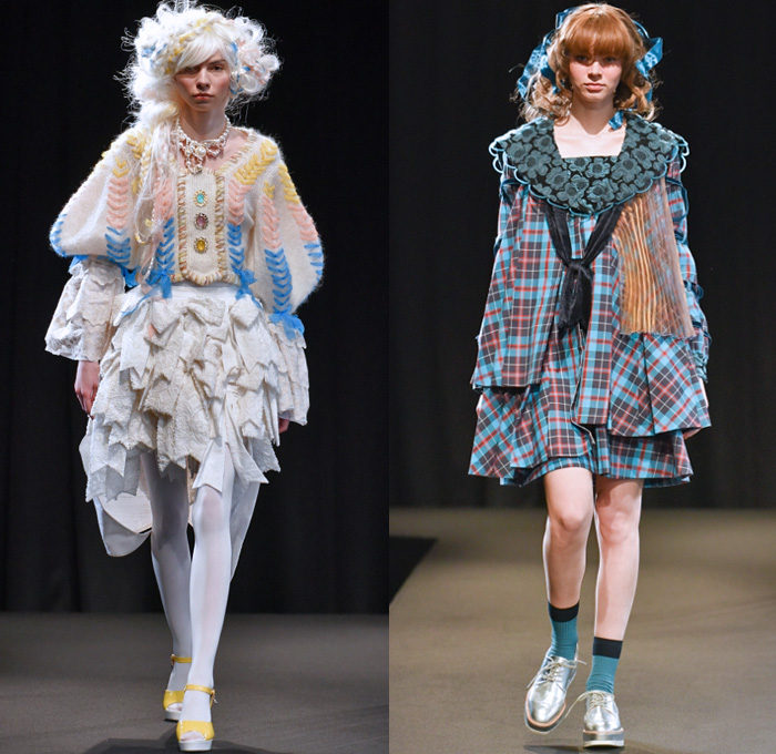 MEMUSE 2018-2019 Fall Winter Womens Runway Catwalk Looks - Amazon Fashion Week Tokyo Japan AmazonFWT - Capelet Coat Brocade Jacquard Plaid Tartan Check Ruffles Lace Ornaments Decorative Art PVC Vinyl Pleather Holes Mohair Baseball Knit Embroidery Bedazzled Jewels Pearls Flowers Floral Corduroy Long Sleeve Blouse Shirt Tunic Wide Sleeves Sailor Collar Shirtdress Dress Miniskirt Quilted Waffle Puffer Angular Hem Tiered Layers Tights Stockings Furry Soles Loops Head Scarf Oxfords Necktie