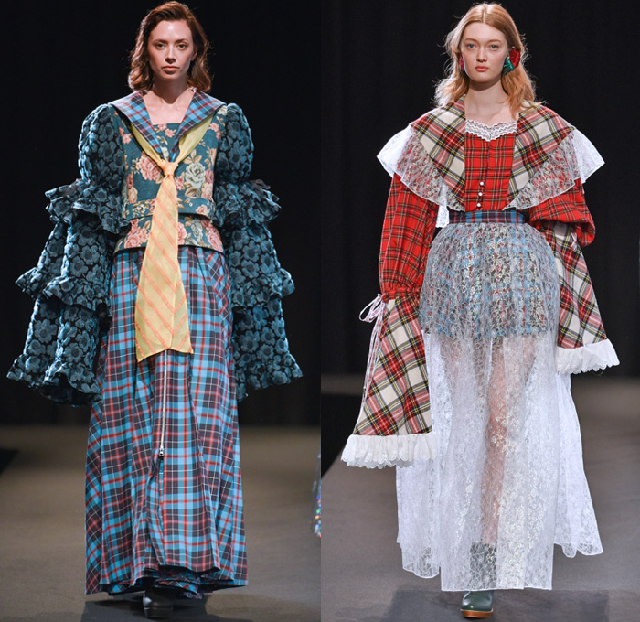 MEMUSE 2018-2019 Fall Winter Womens Runway Catwalk Looks - Amazon Fashion Week Tokyo Japan AmazonFWT - Capelet Coat Brocade Jacquard Plaid Tartan Check Ruffles Lace Ornaments Decorative Art PVC Vinyl Pleather Holes Mohair Baseball Knit Embroidery Bedazzled Jewels Pearls Flowers Floral Corduroy Long Sleeve Blouse Shirt Tunic Wide Sleeves Sailor Collar Shirtdress Dress Miniskirt Quilted Waffle Puffer Angular Hem Tiered Layers Tights Stockings Furry Soles Loops Head Scarf Oxfords Necktie