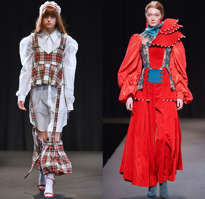 MEMUSE 2018-2019 Fall Winter Womens Runway Catwalk Looks - Amazon Fashion Week Tokyo Japan AmazonFWT - Capelet Coat Brocade Jacquard Plaid Tartan Check Ruffles Lace Ornaments Decorative Art PVC Vinyl Pleather Holes Mohair Baseball Knit Embroidery Bedazzled Jewels Pearls Flowers Floral Corduroy Long Sleeve Blouse Shirt Tunic Wide Sleeves Sailor Collar Shirtdress Dress Miniskirt Quilted Waffle Puffer Angular Hem Tiered Layers Tights Stockings Furry Soles Loops Head Scarf Oxfords Necktie
