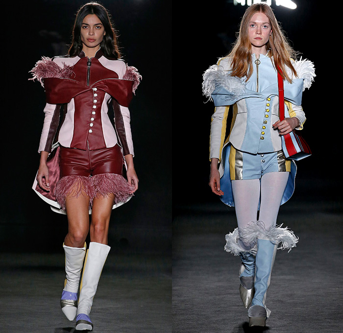 Mietis 2018-2019 Fall Autumn Winter Runway Catwalk Looks - 080 Barcelona Fashion Catalonia Spain - A Safari To Wonderland Military Glam Rock Feathers Circus Ringmistress Colorblock Patchwork Fringes Tassels Metallic Satin Embroidery Bedazzled Outerwear Coat Bell Sleeves Cargo Pockets Sleeveless Strapless Peel Away Dovetail High Shoulders Shorts Miniskirt Flare Pants Stockings Tights Leather Boots Crossbody Handbag Sack Duffel Opera Gloves