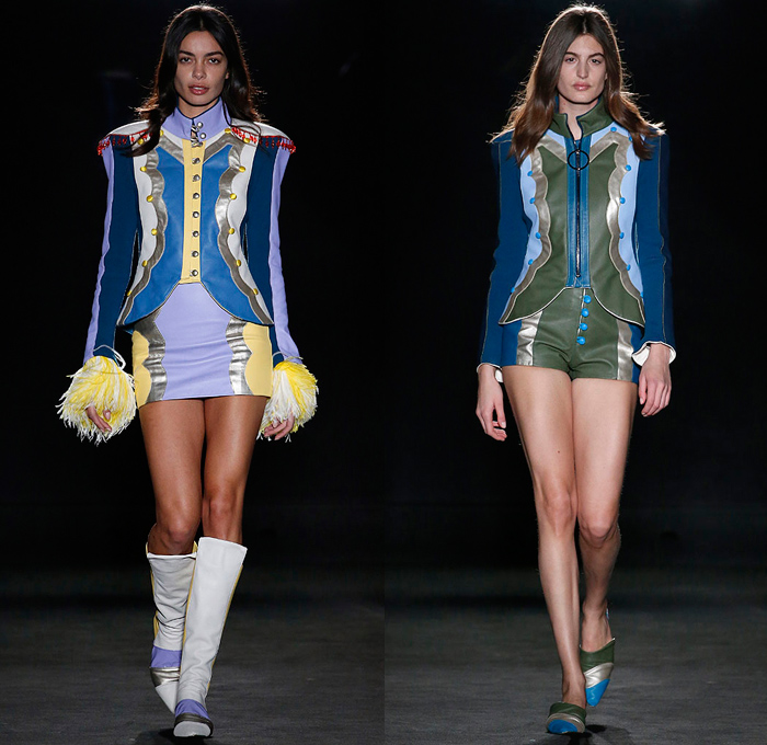 Mietis 2018-2019 Fall Autumn Winter Runway Catwalk Looks - 080 Barcelona Fashion Catalonia Spain - A Safari To Wonderland Military Glam Rock Feathers Circus Ringmistress Colorblock Patchwork Fringes Tassels Metallic Satin Embroidery Bedazzled Outerwear Coat Bell Sleeves Cargo Pockets Sleeveless Strapless Peel Away Dovetail High Shoulders Shorts Miniskirt Flare Pants Stockings Tights Leather Boots Crossbody Handbag Sack Duffel Opera Gloves