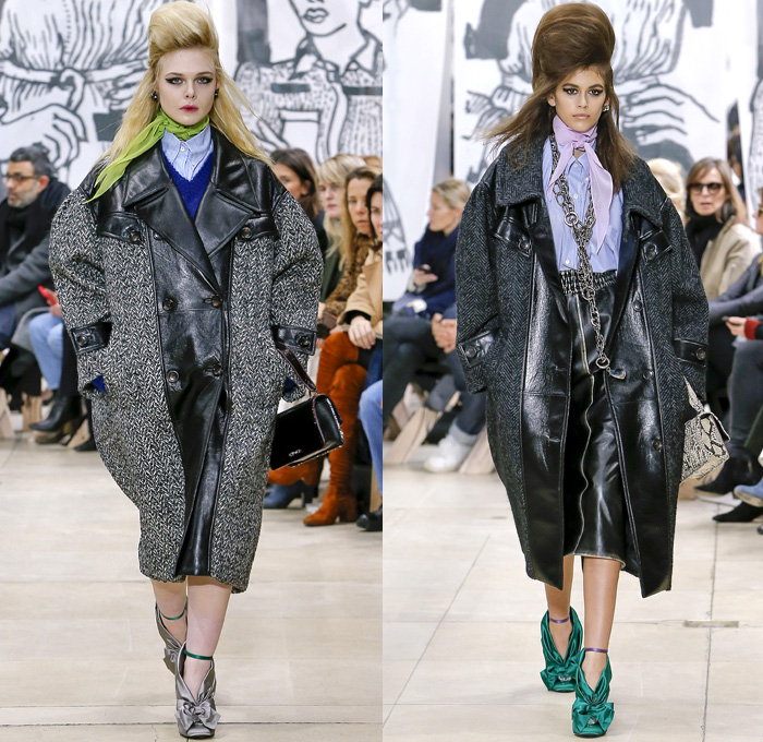 Miu Miu 2018-2019 Fall Autumn Winter Womens Runway Catwalk Looks - Mode à Paris Fashion Week France - 1950s 1960s Hairstyle Pompadour Quiff Oversized Outerwear Trench Coat Motorcycle Biker Jacket Blouse Wide Lapel Knit Collar Leg O'Mutton Sleeves Knit Sweater Tweed Sheer Chiffon Fringes Bedazzled Jewels Houndstooth Check Flowers Floral Brocade Pencil Skirt Miniskirt Dress Denim Jeans Stonewash Handbag Scarf Satin Shoes Tie Up Knot Chain Belts Boots Snakeskin Socks Heels Sunglasses Shades