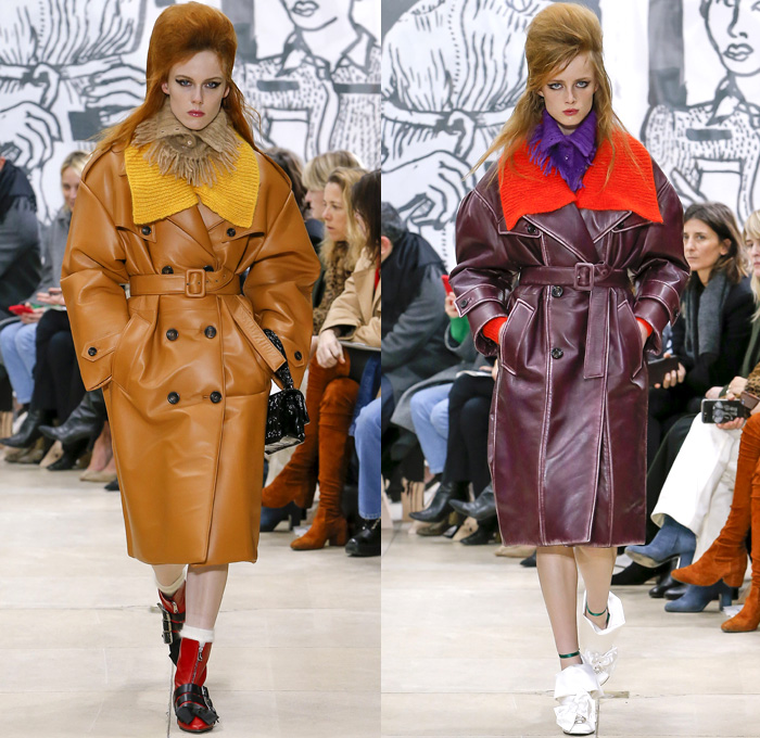 Miu Miu 2018-2019 Fall Autumn Winter Womens Runway Catwalk Looks - Mode à Paris Fashion Week France - 1950s 1960s Hairstyle Pompadour Quiff Oversized Outerwear Trench Coat Motorcycle Biker Jacket Blouse Wide Lapel Knit Collar Leg O'Mutton Sleeves Knit Sweater Tweed Sheer Chiffon Fringes Bedazzled Jewels Houndstooth Check Flowers Floral Brocade Pencil Skirt Miniskirt Dress Denim Jeans Stonewash Handbag Scarf Satin Shoes Tie Up Knot Chain Belts Boots Snakeskin Socks Heels Sunglasses Shades