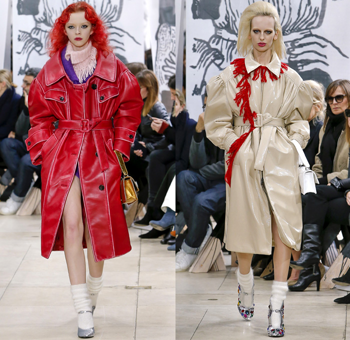 Miu Miu 2018-2019 Fall Autumn Winter Womens Runway Catwalk Looks - Mode à Paris Fashion Week France - 1950s 1960s Hairstyle Pompadour Quiff Oversized Outerwear Trench Coat Motorcycle Biker Jacket Blouse Wide Lapel Knit Collar Leg O'Mutton Sleeves Knit Sweater Tweed Sheer Chiffon Fringes Bedazzled Jewels Houndstooth Check Flowers Floral Brocade Pencil Skirt Miniskirt Dress Denim Jeans Stonewash Handbag Scarf Satin Shoes Tie Up Knot Chain Belts Boots Snakeskin Socks Heels Sunglasses Shades