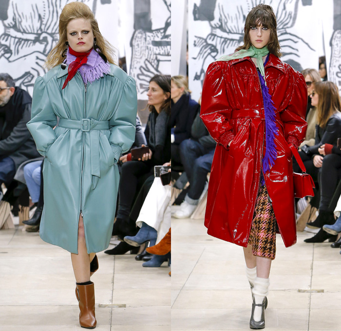 Miu Miu 2018-2019 Fall Autumn Winter Womens Runway Catwalk Looks - Mode à Paris Fashion Week France - 1950s 1960s Hairstyle Pompadour Quiff Oversized Outerwear Trench Coat Motorcycle Biker Jacket Blouse Wide Lapel Knit Collar Leg O'Mutton Sleeves Knit Sweater Tweed Sheer Chiffon Fringes Bedazzled Jewels Houndstooth Check Flowers Floral Brocade Pencil Skirt Miniskirt Dress Denim Jeans Stonewash Handbag Scarf Satin Shoes Tie Up Knot Chain Belts Boots Snakeskin Socks Heels Sunglasses Shades