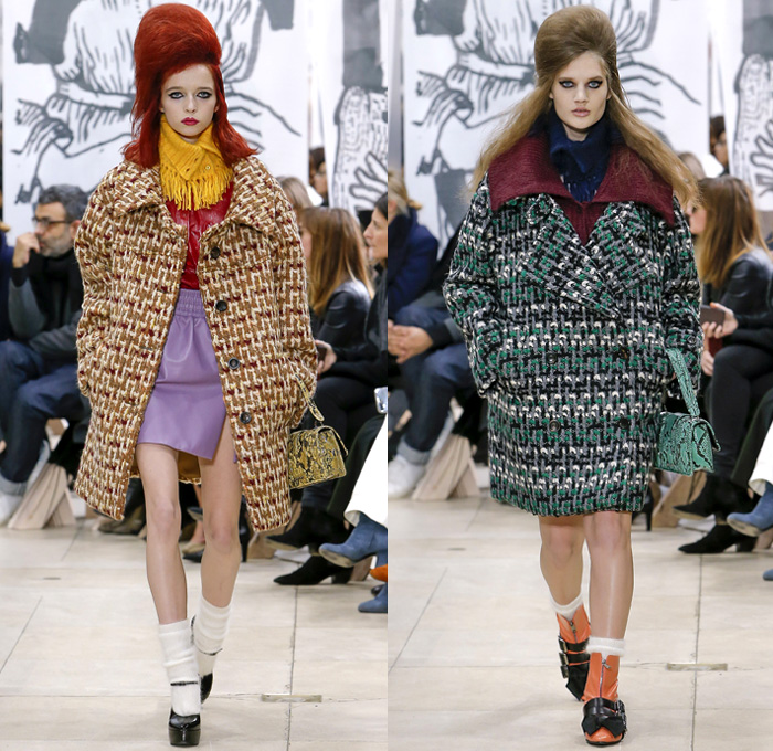 Miu Miu 2018-2019 Fall Autumn Winter Womens Runway Catwalk Looks - Mode à Paris Fashion Week France - 1950s 1960s Hairstyle Pompadour Quiff Oversized Outerwear Trench Coat Motorcycle Biker Jacket Blouse Wide Lapel Knit Collar Leg O'Mutton Sleeves Knit Sweater Tweed Sheer Chiffon Fringes Bedazzled Jewels Houndstooth Check Flowers Floral Brocade Pencil Skirt Miniskirt Dress Denim Jeans Stonewash Handbag Scarf Satin Shoes Tie Up Knot Chain Belts Boots Snakeskin Socks Heels Sunglasses Shades