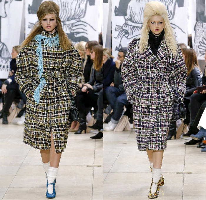 Miu Miu 2018-2019 Fall Autumn Winter Womens Runway Catwalk Looks - Mode à Paris Fashion Week France - 1950s 1960s Hairstyle Pompadour Quiff Oversized Outerwear Trench Coat Motorcycle Biker Jacket Blouse Wide Lapel Knit Collar Leg O'Mutton Sleeves Knit Sweater Tweed Sheer Chiffon Fringes Bedazzled Jewels Houndstooth Check Flowers Floral Brocade Pencil Skirt Miniskirt Dress Denim Jeans Stonewash Handbag Scarf Satin Shoes Tie Up Knot Chain Belts Boots Snakeskin Socks Heels Sunglasses Shades