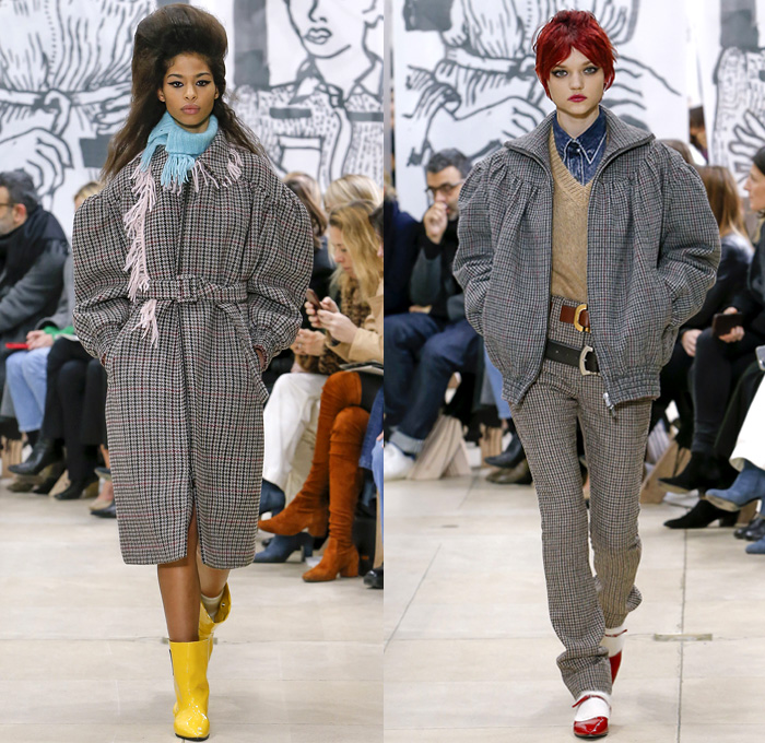 Miu Miu 2018-2019 Fall Autumn Winter Womens Runway Catwalk Looks - Mode à Paris Fashion Week France - 1950s 1960s Hairstyle Pompadour Quiff Oversized Outerwear Trench Coat Motorcycle Biker Jacket Blouse Wide Lapel Knit Collar Leg O'Mutton Sleeves Knit Sweater Tweed Sheer Chiffon Fringes Bedazzled Jewels Houndstooth Check Flowers Floral Brocade Pencil Skirt Miniskirt Dress Denim Jeans Stonewash Handbag Scarf Satin Shoes Tie Up Knot Chain Belts Boots Snakeskin Socks Heels Sunglasses Shades